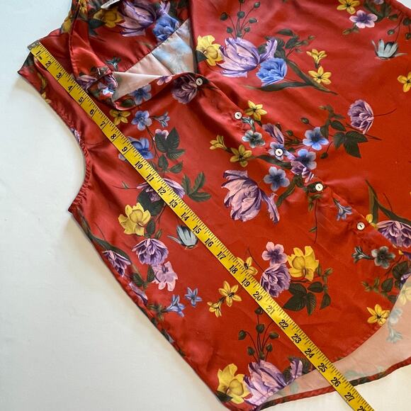ELIE Tahari Satin Button Top Womens XL Rust Tropical Floral Sleeveless Shell - Picture 7 of 7